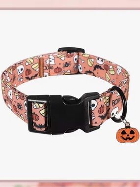 Halloween Print Pet Collar with Carved Pumpkin Charm. Adjustable. Size M or L.